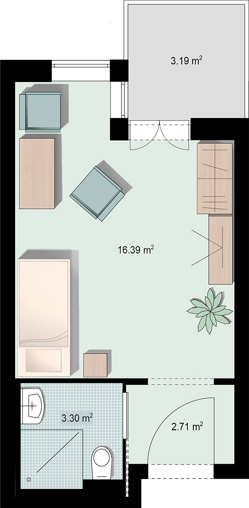 Grundriss Einzelzimmer 1 mit Nasszelle und Balkon